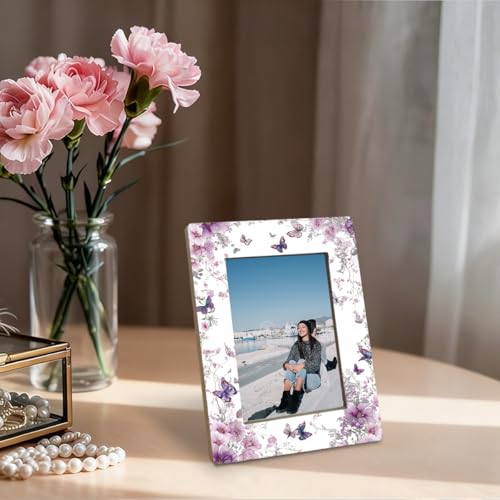 EDQAWN Floral Picture Frame, Purple Blossoms and Butterfly Design Picture Frames, Decorative Photo Frame for Tabletop Disp...