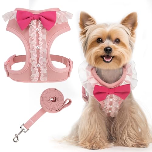 EXPAWLORER Cute Dog Harness, Pink Girl Adjustable No Pull Vest Harness and Leash Set, Soft Padded Step in Wedding Attire S...