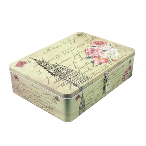 DreamsEden Decorative Keepsake Box with Hinged Lid and Small Lock, Large Letter Size, Tin Sheet Metal - Storage Memory Box...