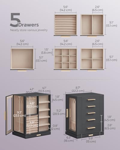 SONGMICS Jewelry Box 360° Rotating, Jewelry Storage Case with 5 Drawers, Jewelry Organizer, Glass Window, Spacious, Vertic...