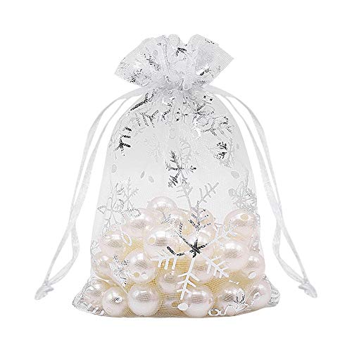 HRX Package 100pcs Snowflake Organza Gift Bags Christmas 4x6 inch, Small White Mesh Jewelry Pouches Little Drawstring Cand...