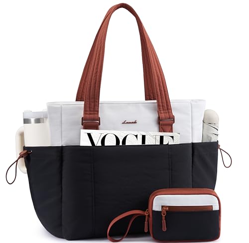 LOVEVOOK Tote Bag for Women, Puffy Work Tote with Large Cup Holder, Quilted Laptop Bag Travel Tote Shoulder Bag Handbag