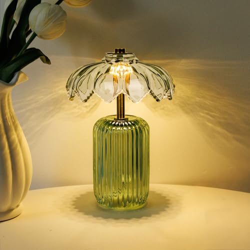 MJ PREMIER Cordless Lamp, Battery Operated Lamp with Timer, Crystal Glass Flower Lampshade, Small Table Lamps, Decorative ...