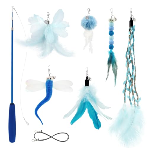 SONGWAY Cat Wand Toys for Indoor Cats - Cat Toy Set with Retractable Teaser Wand and 6 PCS Fairy Feather Toy Refills, Drag...