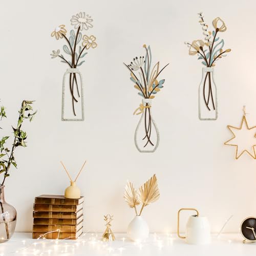 Pigort 3 Pieces Metal Flowers Wall Art- Rustic Farmhouse Decor Minimalist Decor for Living Room Bathroom Bedroom Dining Ro...