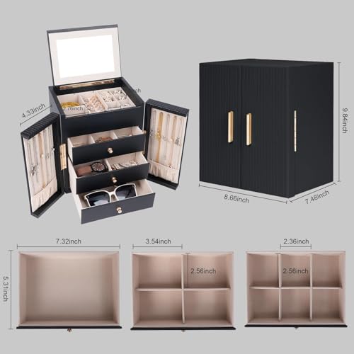 Dajasan Large Jewelry Box for Women, Jewelry Organizer Box with 3 Drawers, Jewelry Storage Organizer with Mirror for Neckl...