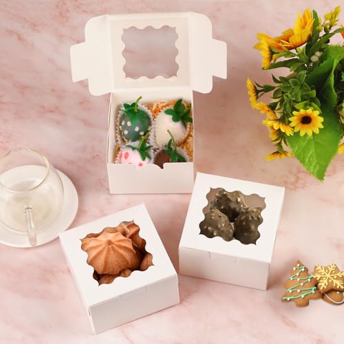 WINKIO 24pcs White Cookie Boxes, 4x4x2.5 Inches Bakery Boxes with Window, for Mini Cake Treat Dessert Pastry Donuts Macaro...