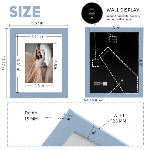 Muzilife 8x10 Wood Picture Frame with Real Glass Cover, Blue Photo Frame Display Pictures 5x7 with Mat or 8x10 Without Ma...