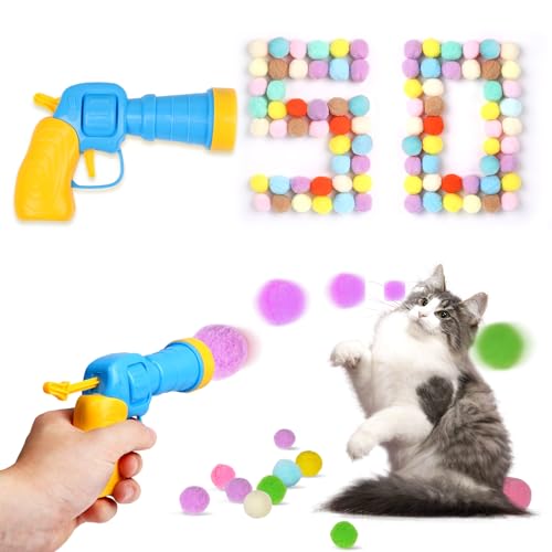TEAWOO 50Pcs Cat Toys Pom Pom Balls with 1 Launcher Set, Interactive Cat Toy Stuff for Indoor Both Adult & Kitten Toys