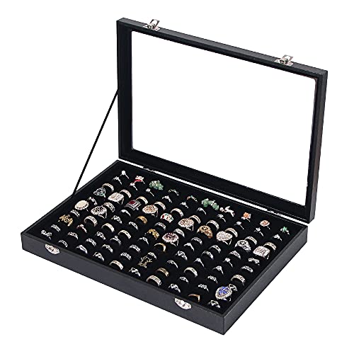 Ausalivan Ring Holder Organizer Box, Jewelry Display Case, Earring Necklace Storage Tray With Top Glass Lid (Black, 100 Sl...