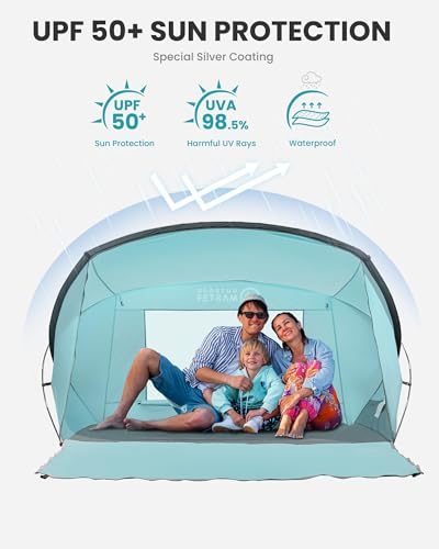 OutdoorMaster Updated Beach Tent for 3-4 Person - Easy Setup and Portable Beach Shade Sun Shelter Canopy with UPF 50+ UV P...