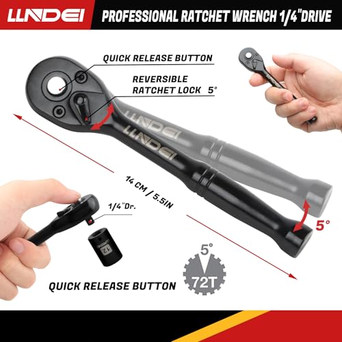 LLNDEI 48 Piece 1/4 Inch Mini Socket Ratchet Wrench Set, Metric Shallow Socket (4-14mm) 6-Point,with 72 Teeth Mini Ratchet...