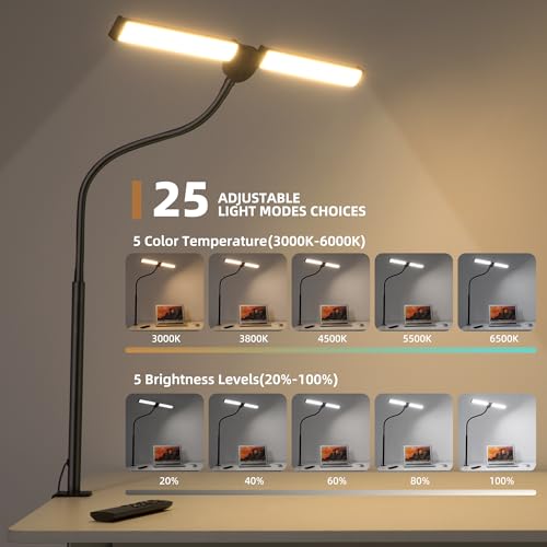Motumen Led Desk Lamp for Home Office, Eye-Care Architect Light with Clamp, Smart Double Head Computer Monitor Table Clip ...