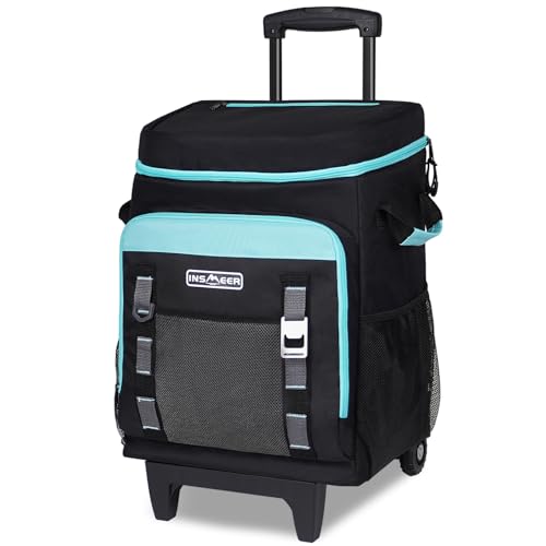 INSMEER Cooler with Wheels and Handle, 80 Cans/50L Rolling Cooler, Portable Soft Sided Cooler with Wheel, 2-in-1 Collapsib...
