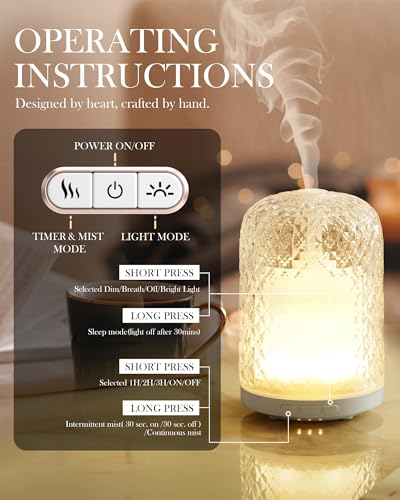 Onaboviva Essential Oil Diffuser - 2.4MHz Ultrasonic Glass Diffuser for Home, 120ml, Pulse&Continuous Mist, Bright/Dim/Bre...