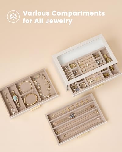 Lolalet Jewelry Box Organizer, 3-Layer Jewelry Organizers and Storage Case with Glass Lid, Ring Earring Bracelet Necklace ...