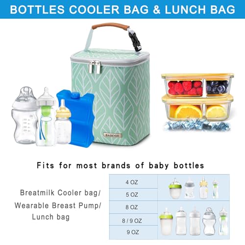 BABEYER Breast Milk Cooler Bag with Ice Pack Fits 4 Baby Bottles Up to 9 Ounce, Baby Bottle Bag for Nursing Mom Daycare-Green