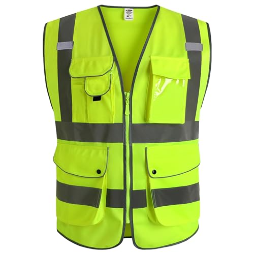 JKSafety 9 Pockets Class 2 High Visibility Zipper Front Safety Vest With Reflective Strips,Meets ANSI/ISEA Standard (Larg...