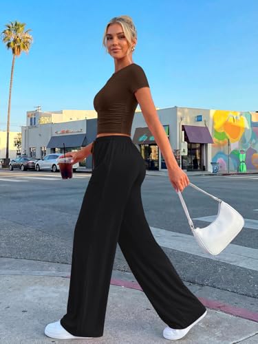 Trendy Queen 2 Piece Matching Summer Sweatsuit Lounge Set Womens Side Ruching Top Wide Leg Pants Sets with Pockets