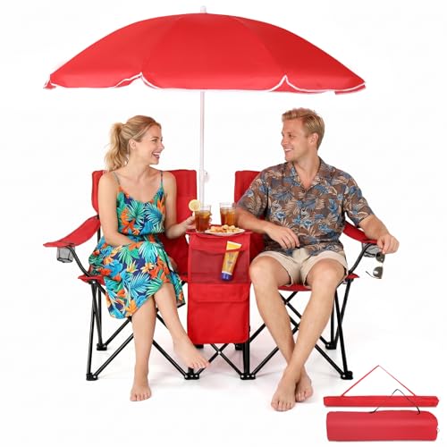 Outvita Folding Double Camping Chair w/Umbrella Beverage Holder Carrying Bag Cooler Fold Up Table, Large Bearing Capacity ...
