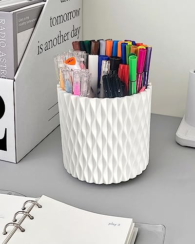 Lebenrich Rotating Pen Holder for Desk, 5 Slots Unique White Desk Organizer Easthetic Desktop Supplies and Accessories for...
