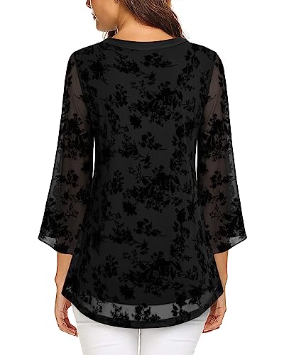 VALOLIA Women's 3/4 Sleeve Floral Tunic Tops V Neck Double Layers Loose Fit Mesh Blouses Shirt