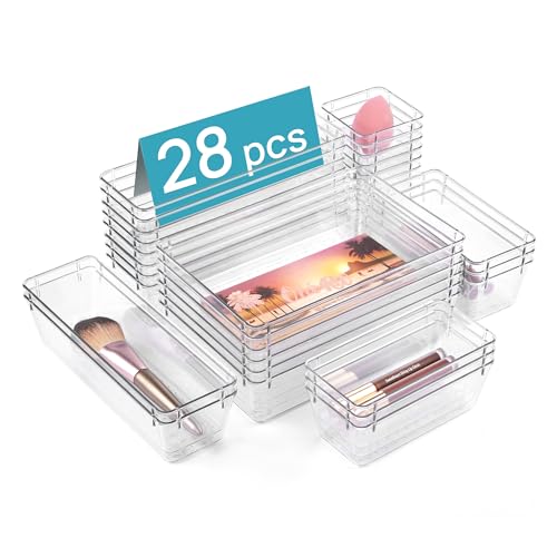 Vtopmart 28 PCS Clear Plastic Drawer Organizers Set, 4-Size Bathroom and Vanity Drawer Organizer Trays, Acrylic Storage Bi...
