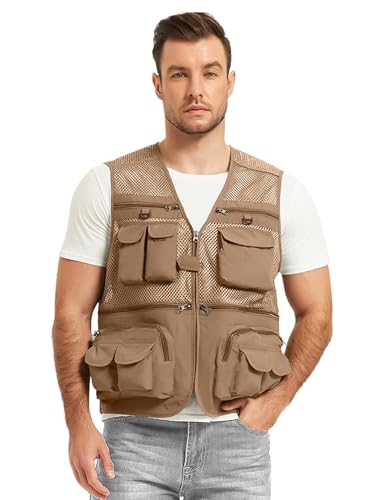 Flygo Men's Fishing Vest Utility Lightweight Outdoor Travel Safari Photo Cargo Vest with 16 Pockets