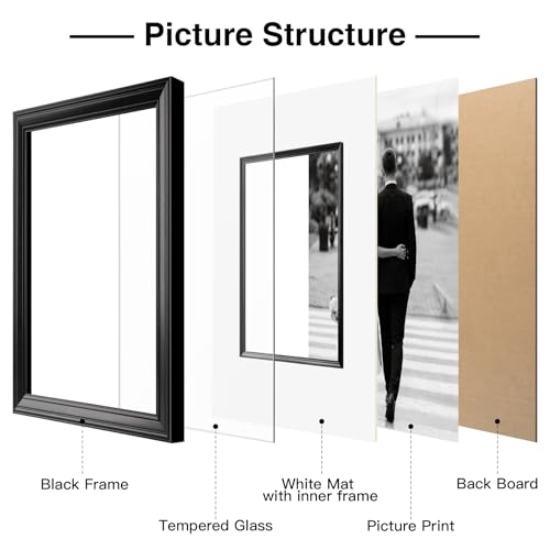 Yaetm 11x14 Black Picture Frame with Decorative Inner Frame & Tempered Glass, Display 8x10 Photos with Mat on Wall - Portr...