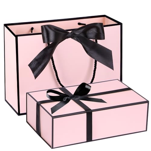 Magnetic Gift Box with Lids Ribbons and Gift Bag for Presents, 9.5x6x3" Pink Gift Box with Bag Set for Women Girl Her, Cut...