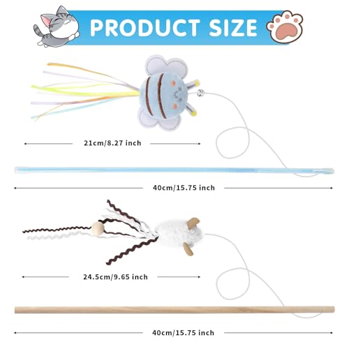 NOWFRESH Cat Wand Toy Set, 2 PCS Interactive Cat Teaser Wands with Cute Bee & Mouse Designs, Equipped with Bells and Strea...