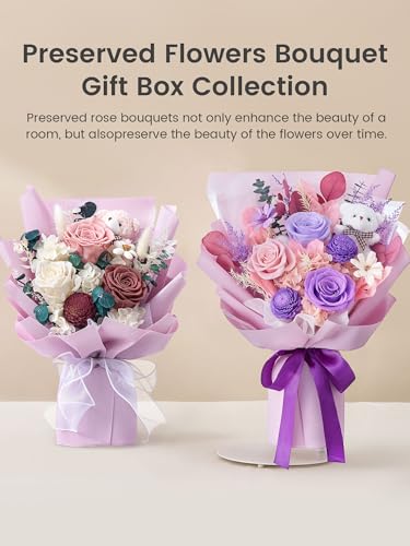Polylove Preserved Flowers for Delivery Prime Forever Flowers Bouquet with Bear Flower Gift for Wife Women Birthday
