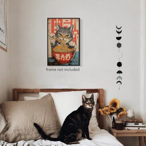 Nanxiwofee Vintage Japanese Cat Canvas Wall Art, Quirky Black Cat Eating Ramen Poster, Retro Funny Animal Food Art Print, ...