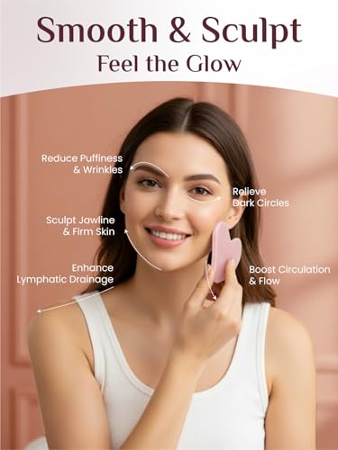 Rena Chris Gua Sha Facial Tools, Pink Stone Guasha Tool for Acupuncture, Manual Massage Tool for Jawline Sculpting and Puf...