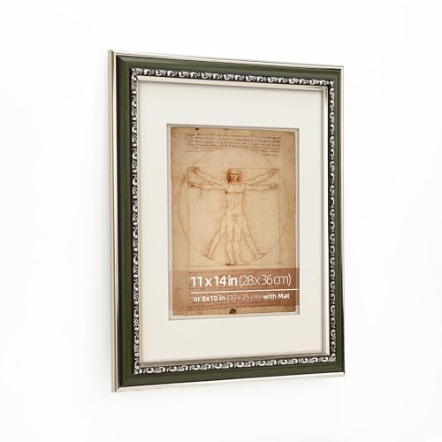 WYNCO 11x14 in Distressed Green and Silver Curved Scrollwork Motif Embossed Ornate Classic Picture Frame, Matted for 8x10 ...