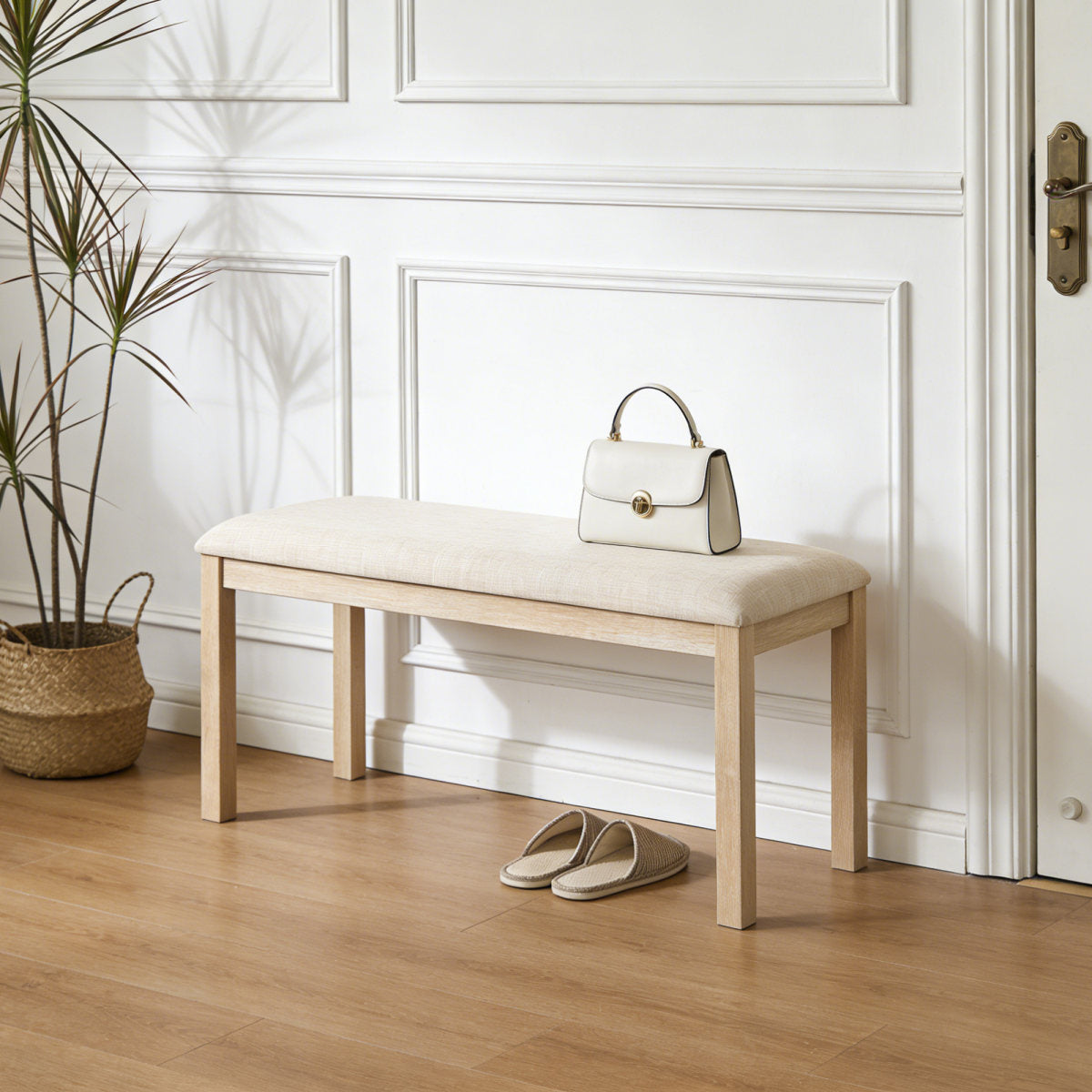 38-inch Upholstered Dining Bench, Padded Bedside Bench and Solid Wood Leg Hallway Bench, Suitable for Kitchen, Living Room and Bedroom (Light Oak & Beige, 1)