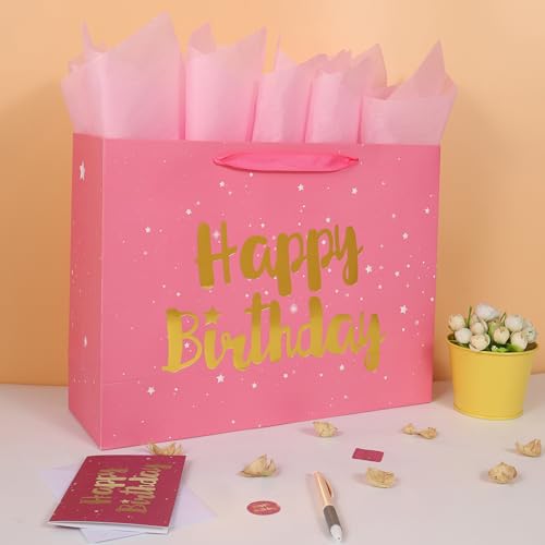Qirrmiy 16.5” Extra Large Pink Happy Birthday Gift Bag Set with Handles, Greeting Card, Tissue Papers and Stickers for Wom...
