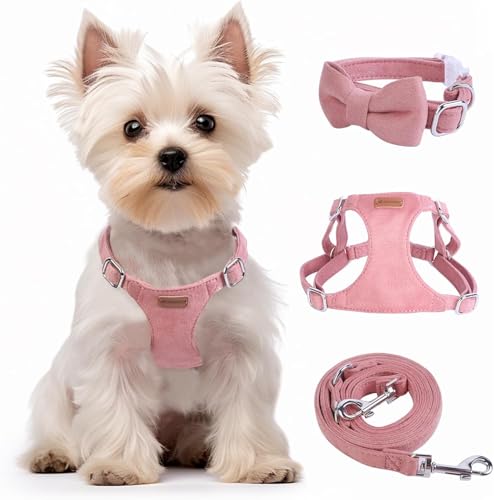 Dog Harness and Leash Set, XXS No Pull Adjustable Puppy Harness with Multifunction Pink Dog Leash and Dog Collar, Soft No ...