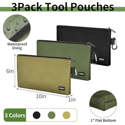 3 Pack Premium Tool Pouches Zipper Bag, Small Tools Bags with Carabiner, Heavy Duty Flat Bottom Utility Multipurpose Stora...