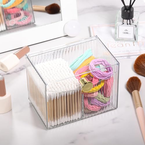 acDesign 2 Slot Qtip Holder Dispenser Rectangle Cotton Ball and Swab Holder Organizer with Lid Clear Bathroom Organizer Ja...