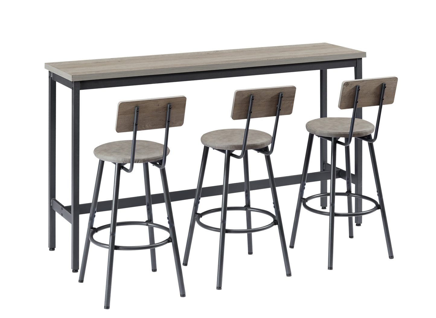 Long Bar Table With 3 Upholstered PU Bar Stools, Industrial Bar Table And Chairs For Kitchen, Breakfast Room, Living Room, Banquet Hall, In Rustic Gray And Black
