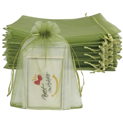 Jexila 100PCS Organza Bags 4''X6'' Olive Green Small Mesh Gift Bags with Drawstring for Jewelry, Party Favor, Candy, Fruit...
