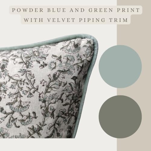 Palm & Loom 100% Cotton Linen Cushion Cover - Decorative Throw Pillow Case with Powder Blue & Green Print with Pipping - T...
