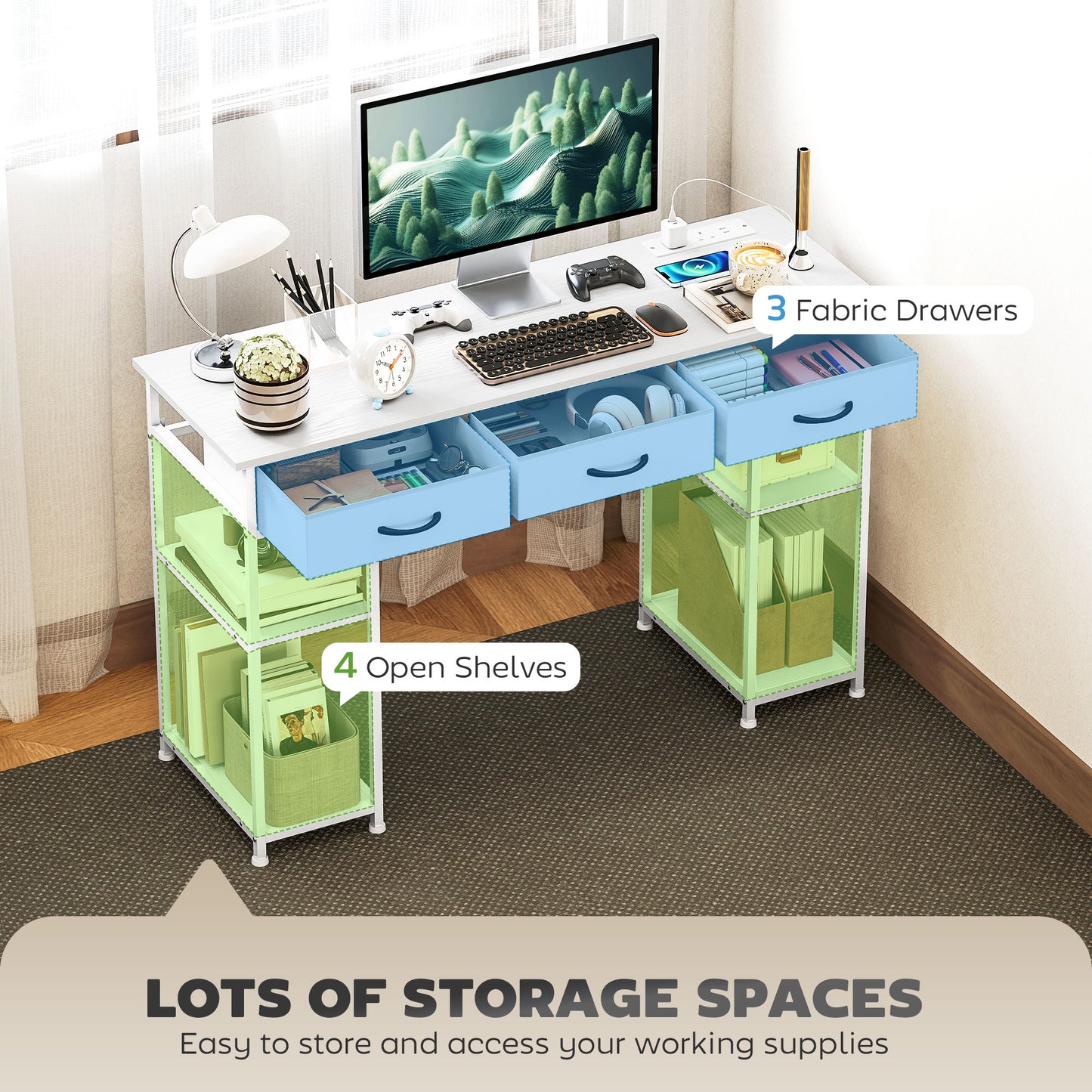 120cm Computer Desk With Power Outlets, Office Desk Study Table With 3 Fabric Drawers And 4 Storage Shelves, White