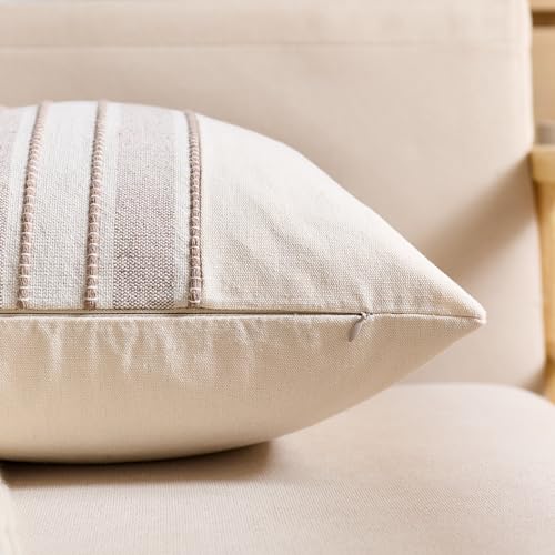 Striped Linen Textured Throw Pillow Covers 18x18 Inch Set of 2,Boho Decorative Cushion Covers, Neutral Beige Accent Pillow...