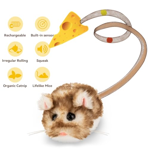 Migipaws Interactive MigiMouse Cat Toy 360° Rolling & Spin with Mesh Plastic Tail for Indoor Cats Smart Motion Sensor, Rea...