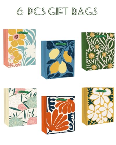 qiqee 7.9"x4.3"x9.6" 6PCS Clash Flowers Paper Gift Bags with Tissue Paper Handles Medium Size Bags（ Tissue Paper ）
