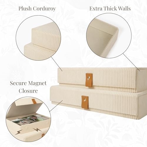 cherish & dwell Pretty Corduroy Decorative Storage Boxes with Lids (Set of 2) – Keepsake Boxes for Photos, Memory Boxes fo...