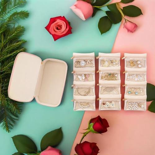 VLANDO Travel Jewelry Box Organizer – Portable PU Leather Jewelry Case with 6/8/12 Zippered Pouches, Compact Storage for E...