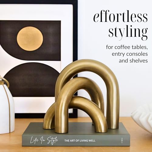 STRONA Brass Finish Arch Decor - 3 Piece Organic Modern Home Decor Accent Set for Bookshelf, Coffee Table & Console Styling